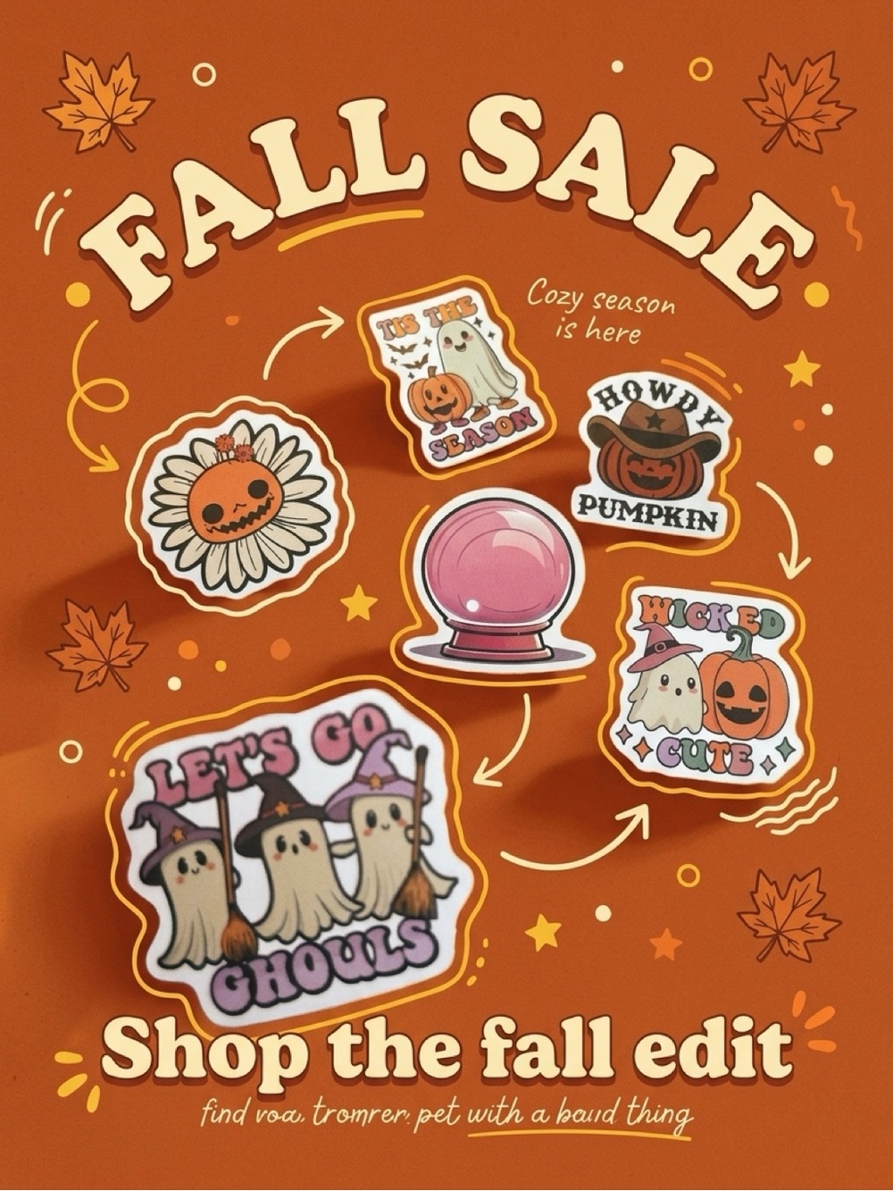 Fall Ghost & Pumpkin sticker assortment set for tumblers laptops walls- Orange